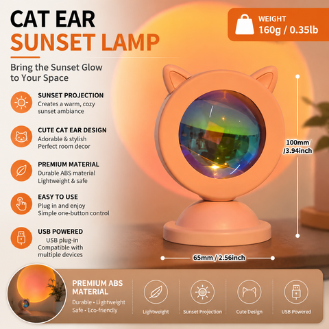 Cat-ear style Sunset Projection Lamp - USB Powered ABS Mini Night Light with Warm Glow Effect for Bedroom, Photography & Home Decor Ambiance In Australia - Darrahopens