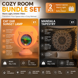 Pink Cat Ear Sunset Projection Lamp and  150x200cm Black Mandala Tapestry Combo - USB Powered ABS Mini Light withPolyester Wall Hanging for Bedroom, Living Room & Photography Ambiance In Australia - Darrahopens