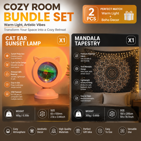 Pink Cat Ear Sunset Projection Lamp and  150x200cm Black Mandala Tapestry Combo - USB Powered ABS Mini Light withPolyester Wall Hanging for Bedroom, Living Room & Photography Ambiance In Australia - Darrahopens