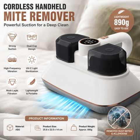 White Wireless Handheld Mite Remover Vacuum - Dual Cup Strong Suction UV Sterilization High Frequency Tapping Portable Bed Sofa Cleaner for Home In Australia - Darrahopens