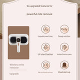 White Wireless Handheld Mite Remover Vacuum - Dual Cup Strong Suction UV Sterilization High Frequency Tapping Portable Bed Sofa Cleaner for Home