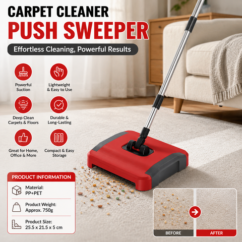 Red Manual Carpet Sweeper with Triple Roller Brushes - Non-Electric Push Broom for Pet Hair, Lightweight Floor Cleaner with Detachable Handle and Large Dustbin In Australia - Darrahopens