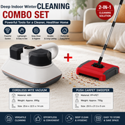 White Wireless Handheld Mite Remover and Red Manual Carpet Sweeper Combo - Dual Cup Strong Suction UV Sterilization High Frequency Tapping Portable Bed Sofa Cleaner with Triple Roller Brush carpet Push Broom for Pet Hair and small fragments