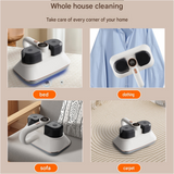 White Wireless Handheld Mite Remover and Red Manual Carpet Sweeper Combo - Dual Cup Strong Suction UV Sterilization High Frequency Tapping Portable Bed Sofa Cleaner with Triple Roller Brush carpet Push Broom for Pet Hair and small fragments