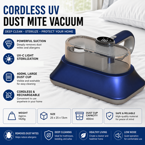 Blue Cordless UV-C Mite Remover Vacuum - 400ml Dust Cup, High-Frequency Tapping, Ergonomic Handle, Deep Cleaning for Bedding carpet Sofa Pet Hair In Australia - Darrahopens
