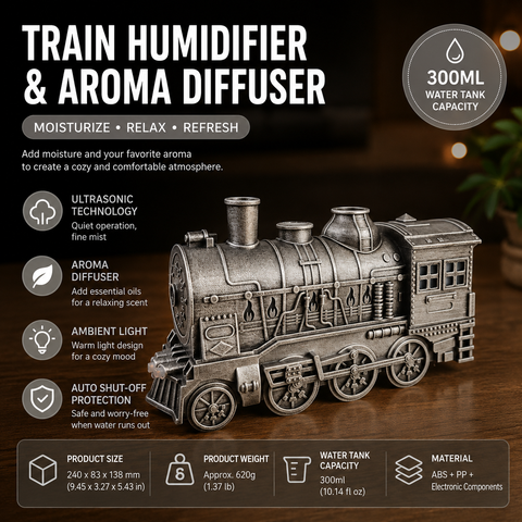 Silvery Retro Train Aromatherapy Humidifier - 300ml Ultrasonic Cool Mist Diffuser with Jellyfish Smoke Ring, LED Night Light  for Bedroom Office Desk Decor In Australia - Darrahopens