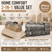 Winter Home Cleaning Comfort Kit - Silvery Retro Train Aromatherapy Humidifier and White Cordless UV Mite Remover Vacuum - 300ml Ultrasonic Mist with Jellyfish Smoke Ring, 400ml Dust Cup, LED Night Light, Remote Control for Bedroom and Bedding Cleaning
