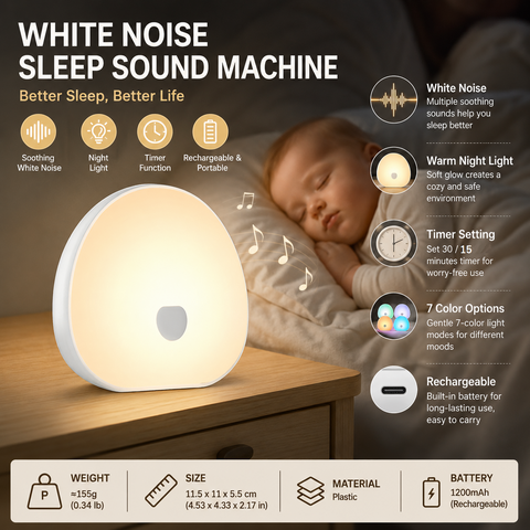 White Rechargeable White Noise Sleep Aid Night Light - 10 Soothing Nature Sounds, Dimmable RGB Mood Lighting, Timer Function for Baby Nursing and Adult Relaxation In Australia - Darrahopens