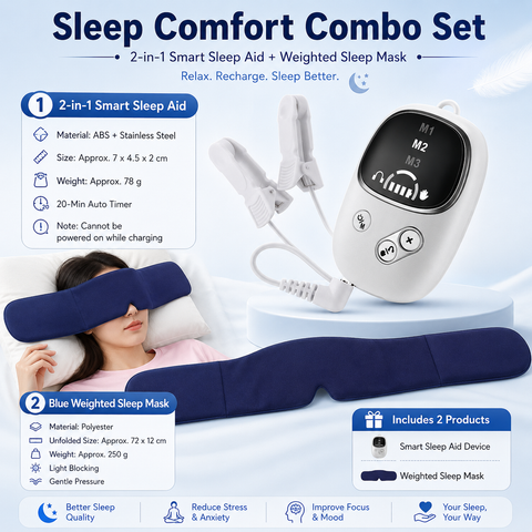 Home and Travel Sleep Aid Bundle - White Dual Mode CES Microcurrent Sleep Aid  Device and Blue Gravity Eye Mask, USB Rechargeable Handheld and Ear Clip Unit, 72cm Light Blocking Polyester Cover for Deep Rest and Travel In Australia - Darrahopens