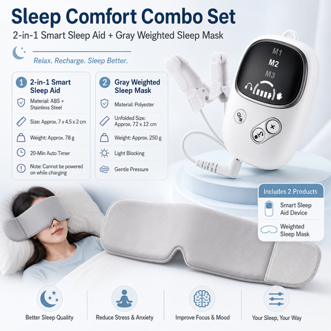 Home and Travel Sleep Aid Bundle - White Dual Mode CES Microcurrent Sleep Aid  Device and Grey Gravity Eye Mask, USB Rechargeable Handheld and Ear Clip Unit, 72cm Light Blocking Polyester Cover for Deep Rest and Travel In Australia - Darrahopens