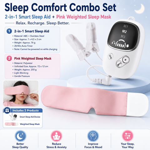 Home and Travel Sleep Aid Bundle - White Dual Mode CES Microcurrent Sleep Aid  Device and Pink Gravity Eye Mask, USB Rechargeable Handheld and Ear Clip Unit, 72cm Light Blocking Polyester Cover for Deep Rest and Travel In Australia - Darrahopens
