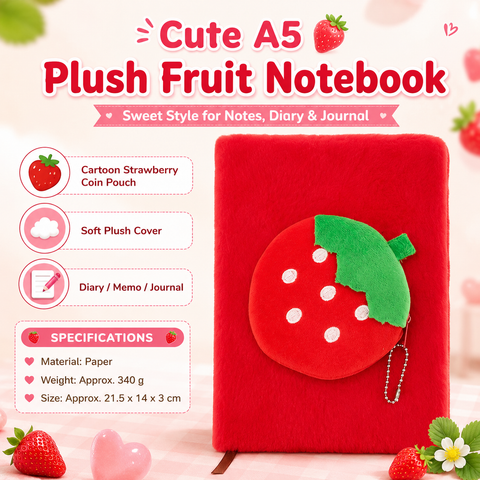 A5 Plush Fruit Notebook  with detachable Strawberrie-shaped coin purse — features a soft plush cover and 80 lined pages; a cute design perfect for school use or journaling In Australia - Darrahopens