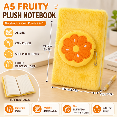 A5 Plush Fruit Notebook  with detachable orange-shaped coin purse — features a soft plush cover and 80 lined pages; a cute design perfect for school use or journaling In Australia - Darrahopens
