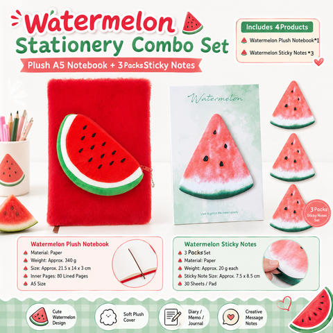 Fruit-Shaped Office Supplies Set-3 packs Watermelon Shaped Sticky Notes  and A5 Plush Notebook with Watermelon Shaped Detachable Coin Purse - Cute Memo Pads for Journaling Office School Gift Ready In Australia - Darrahopens
