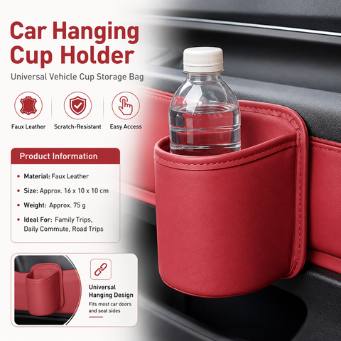 Red Universal Car Door Cup Holder - PU Leather Hanging Storage Organizer for Seat Back and Console side and Door storage compartment - Multi-Purpose Beverage Pocket with Secure Clip Design for Travel and Commute In Australia - Darrahopens