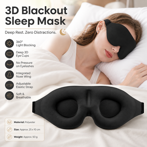 Black 3D Contoured Sleep Eye Mask - 360 Degree Blackout Blindfold with Adjustable Strap and Nose Wing Design for Side Sleepers, Travel and Nap In Australia - Darrahopens