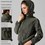 Beige S Size Women's Lightweight Hooded Windbreaker Jacket - Nylon, Waterproof, Windproof, Sun Protection, Loose Fit for Hiking, Running, Yoga and Outdoor Activities