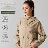 Green L Size Women's Lightweight Hooded Windbreaker Jacket - Nylon, Waterproof, Windproof, Sun Protection, Loose Fit for Hiking, Running, Yoga and Outdoor Activities