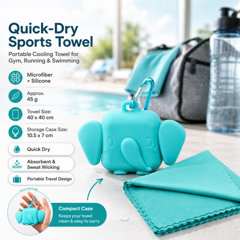 Blue Portable Quick Dry Towel with  Elephant Storage Box  - Microfiber Cooling Sports Sweat Towel with Silicone Case  for Gym Swimming Travel In Australia - Darrahopens