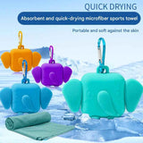 Green Portable Quick Dry Towel with  Elephant Storage Box  - Microfiber Cooling Sports Sweat Towel with Silicone Case  for Gym Swimming Travel