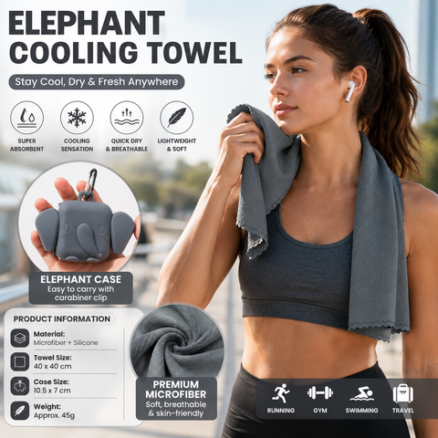Grey Portable Quick Dry Towel with  Elephant Storage Box  - Microfiber Cooling Sports Sweat Towel with Silicone Case  for Gym Swimming Travel In Australia - Darrahopens