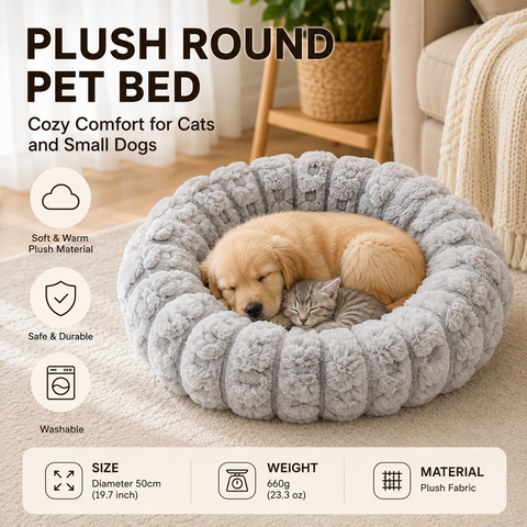 Grey 50cm with Heart-patterned jacquard Plush Round Pet Bed - Soft Donut Cat Bed, Warm Winter Dog Cushion for Anxiety Relief and Cozy Sleep, Durable Non-Slip Nest for Small to Medium Pets In Australia - Darrahopens