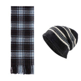 Black + Blue Striped Wool-Blend Beanie & Plaid Fringed Scarf Set — Soft Knit Hat (36 x 26 cm) and Oversized Shawl (200 x 65 cm); A Must-Have for Christmas and Cold Weather
