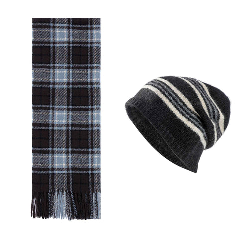 Black + Blue Striped Wool-Blend Beanie & Plaid Fringed Scarf Set — Soft Knit Hat (36 x 26 cm) and Oversized Shawl (200 x 65 cm); A Must-Have for Christmas and Cold Weather