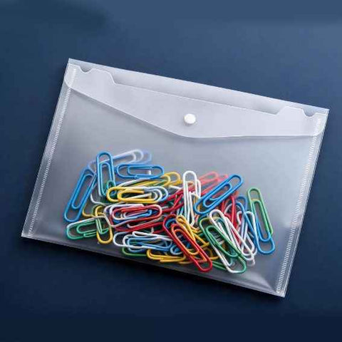 Heavy Duty A4 Transparent File Folder with Snap Closure & Paper Clip Set - Durable 0.2mm Plastic Document Wallet, 28mm Decorative Office Stationery, Space Saving Organisation for Students & Business