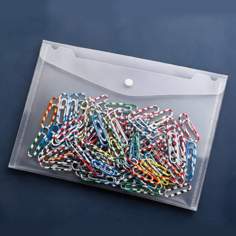 A4 Snap-Closure File Pouch & Zebra-Print Paperclip Set — 200-Micron Extra-Thick Transparent Plastic File Organizer, Flexible PP Material, 28mm Multi-Color Office Paperclips,An Ideal Organizational Solution for Home, School, and Office Environments.