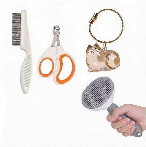 Calico cat Complete Cat Care Set - One-Touch Deshedding Brush, Stainless Steel Nail Clipper & Fur Collection Locket