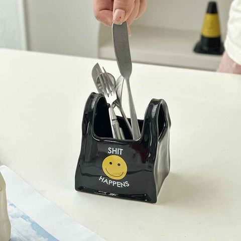 Black Ceramic Mini Tote Bag Pen Holder - Creative Desktop Storage Organizer for Makeup Brushes, Remote Controls and Stationery, Cute Smiley Decorative Container
