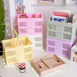 White Foldable Storage Basket with Handles - Portable Multi Purpose Desktop Organiser Crate for Snacks, Kitchen Storage, Books and Household Essentials