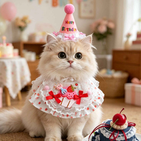 Size M Pink Pet Birthday Party Supplies Strawberry Cake Bib and Hat Set Cat Dog Costume Photo Shoot Outfit