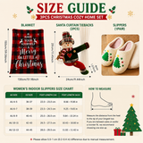 Christmas Home Comfort Set with Flannel Throw Blanket 130x150cm, Plush Indoor Slippers AU 12-13 and Santa Curtain Tiebacks, Cozy Holiday Gift Bundle