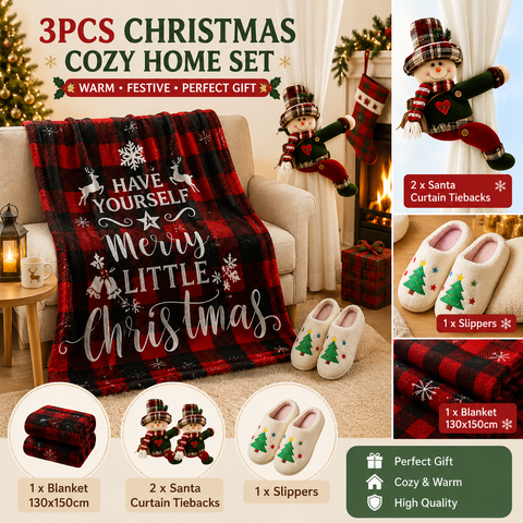 Christmas Home Comfort Set with Flannel Throw Blanket 130x150cm, Plush Indoor Slippers AU 6-7 and Snowman Curtain Tiebacks Set of 2, Festive Holiday Gift Bundle