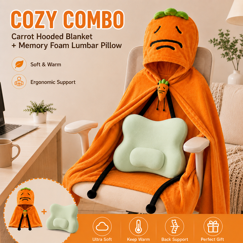 Carrot Hooded Blanket with Grey-green Memory Foam Lumbar Support Pillow, Cozy Wearable Throw Blanket and Ergonomic Back Cushion Set for Office, Home, Study and Relaxation