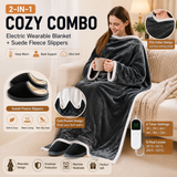 Wearable Electric Heated Blanket with Foot Pocket 127x177cm and Suede Fleece Slippers Set AU 7-8, Winter Warm Home Comfort Bundle