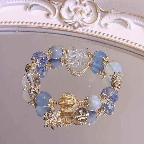 Blue Crystal Snowflake Charm Bracelet for Women, Elastic Beaded Christmas Gift Bracelet, Elegant Everyday Jewellery 13-15cm