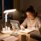 White 360 Degree Rotating Tablet Stand and Foldable LED Desk Lamp Study Set Adjustable Reading Light with Display Screen Desktop Organiser for Students Home Office Learning