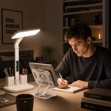 White 360 Degree Rotating Tablet Stand and Foldable LED Desk Lamp Study Set Adjustable Reading Light with Display Screen Desktop Organiser for Students Home Office Learning