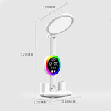 LED Foldable Eye-Caring Reading Desk Lamp with Smart Clock Display, USB Rechargeable Study Light, Pen Holders & Phone Stand