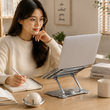 360° Rotating Laptop Stand(Silver) & Magnetic Mechanical Timer(Beige) Set - Ergonomic Cooling Desk Organizer for Study, Cooking & Productivity