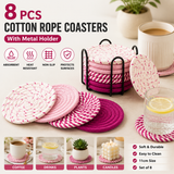 Pink series 8 Piece Handmade Braided Cotton Coasters Set with Holder 4.3 Inch Round Absorbent Drink Coasters Heat Resistant Table Protection Cup Mats for Home Kitchen