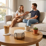 Brown series 8 Piece Handmade Braided Cotton Coasters Set with Holder 4.3 Inch Round Absorbent Drink Coasters Heat Resistant Table Protection Cup Mats for Home Kitchen