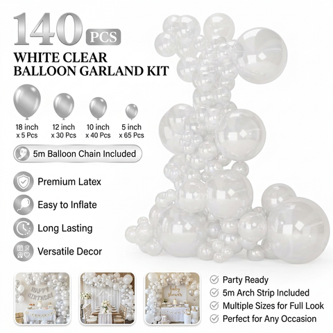 140PCS Transparent Balloon Garland Kit Latex Balloon Arch Set for Birthday Wedding Party Decoration Transparent Party Balloon Arch Kit with Multiple Sizes