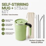 Green Self Stirring Coffee Mug Electric Temperature Display Cup 14.4cm (5.67in) Stainless Steel Insulated Travel Mug with 3-Piece Stainless Steel Straw Set for Coffee Milk Protein Shakes