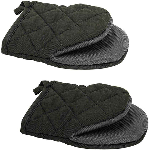 Black Heat Resistant Oven Mitts Set of 2 - Neoprene Cotton Insulated Kitchen Gloves, 500F Heat Protection, Non Slip Silicone Grip for Baking, Cooking, Microwave and Oven Use