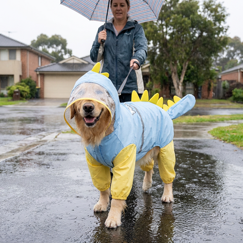 Blue Dog Raincoat Dinosaur Hooded Waterproof Jacket 4XL Size with Leash Hole Removable Tail Cover Full Body Coverage Pet Rain Coat for Outdoor Walking Large Dogs