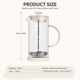 Manual Milk Frother Glass Mug 450ml Hand Press Coffee Foamer Stainless Steel Filter Barista Style Milk Foam Maker for Home Coffee Latte Cappuccino